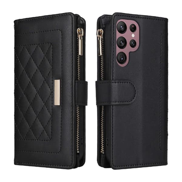 Læder lynlås pung etui til Samsung Galaxy S22 Ultra 5G [DB] Black