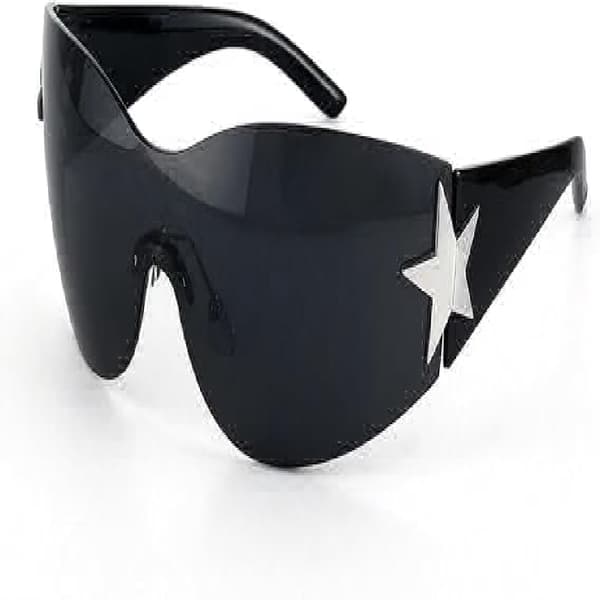 Sorte Rammeløse Wrap-Around Solbriller, Unisex, Retro Y2K Oversized Stjerneformede Solbriller, Cool og Stilfulde, Perfekte til Ravefester.