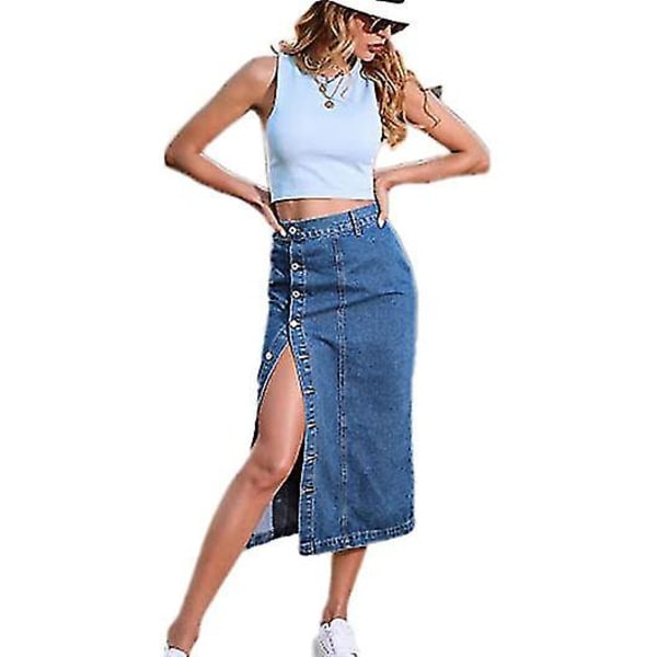 Dam Casual Hög Midja Enfärgad Knäppt Denim Jeanskjol Blå XL Blue