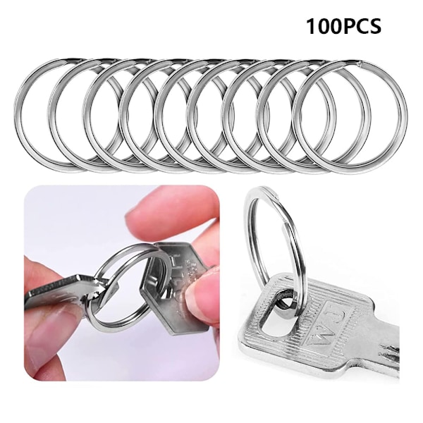 100-pakning nøkkelringer i rustfritt stål, 25 mm nøkkelringer, flate nøkkelringer, egnet for alle typer nøkler, DIY, håndverk (rustfritt