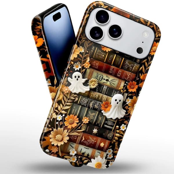 til iPhone 17 Pro Max - Slankt ridsefast telefoncover til piger kvinder - Søde spøgelser bogreol efterårsblomster (blank)