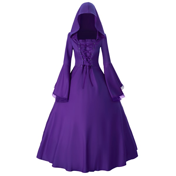 Kvinnors gotiska viktorianska häxdress medeltida renässans Halloween cosplay huva kostym purple XXL