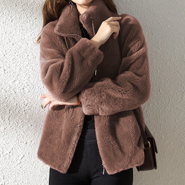 Dame Fleece Fluffy Teddy Bear Frakke Ensfarvet Lommejakke Overtøj Brun M Brun
