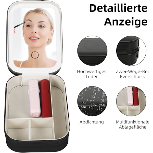 Makeup Spejl med Lys, Kosmetik Opbevaringstaske med LED Spejl | Bærbar Makeup Taske - 3 Farver med Lys Makeup Taske, Rejse Makeup Taske Black