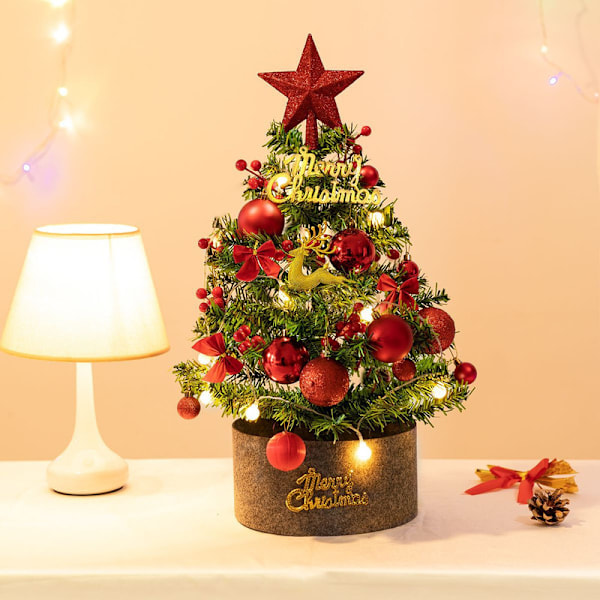 Mini Christmas Tree 60cm, Small Christmas Trees with Lights and Rich Golden Ornaments, Prelit Artificial Tabletop Christmas Tree