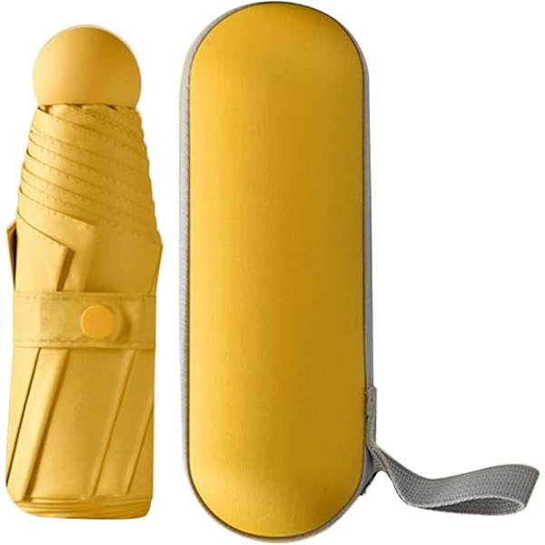 Foldbar Rejse Paraply, 6 Ribber Mini Paraply Lille UV Paraply med Kapsel Etui Mini Anti-UV Paraply Hurtigtørrende Paraply 90 x 55cm yellow