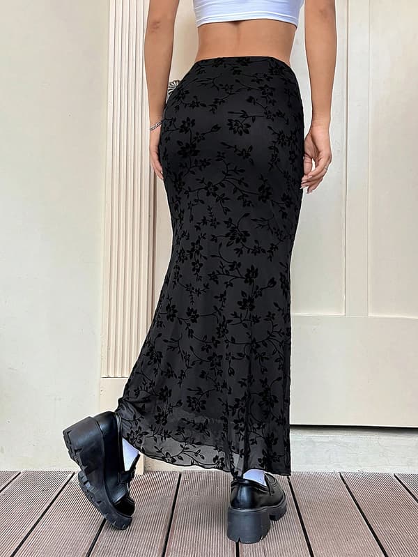 Salatkant Højtaljet Mesh Fishtail Bodycon Lang Nederdel til Kvinder sort black M