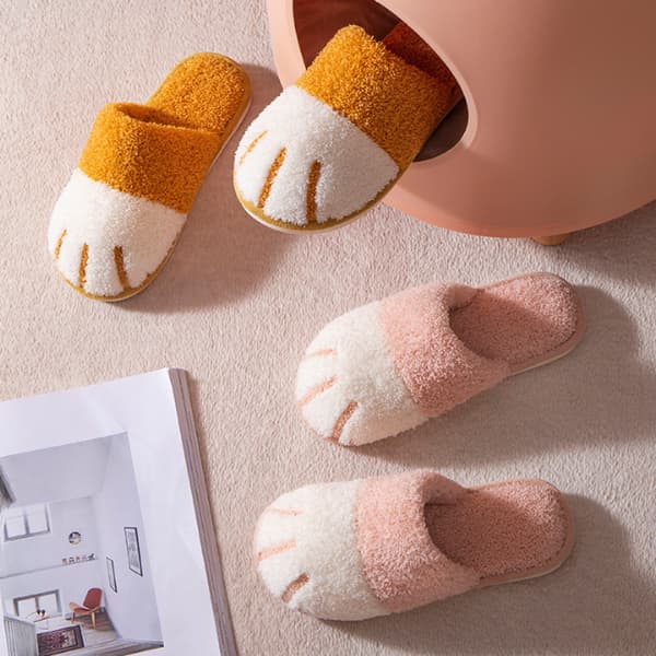 Varma plyschtofflor Kattfotsdesign Hemmaskor för kvinnor gul yellow 40-41