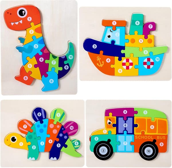 Träpussel Dinosaurier Djurpussel Leksaker för barn 3 år 4-pack Formnummerpussel Småbarn Pedagogiska presenter