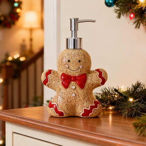 Honningkage sæbedispenser, 350 ml keramisk julehåndsæbedispenser, genopfyldelig honningkagemand lotiondispenser Little Bear