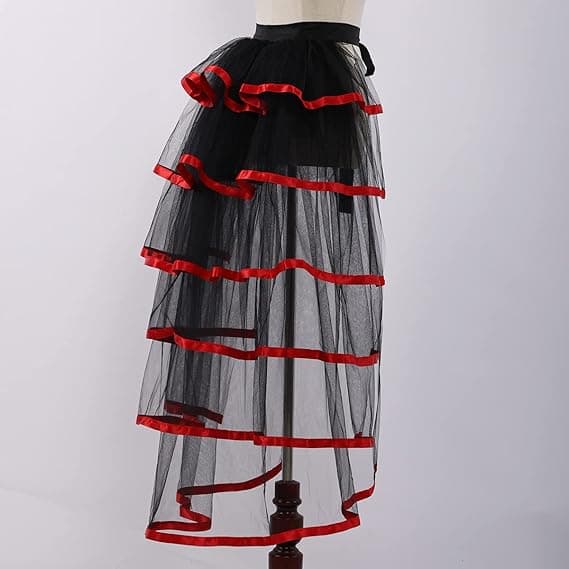 Viktoriansk Steampunk-nederdel med 6-lags bindebælte i dæk black and red