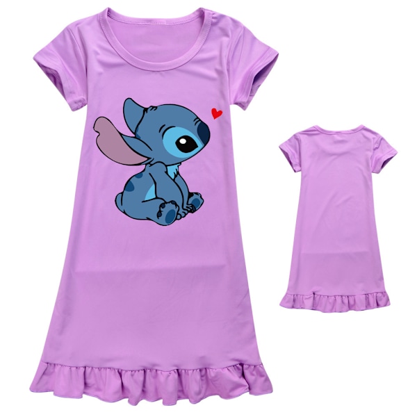 Barnflickor Cartoon Stitch Nattklänning Nattklänning Kortärmad Nattklänning Pyjamas Klänning Lila Festival Purple 160cm