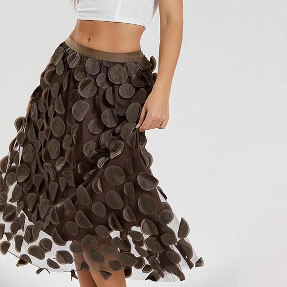 Anpassad Kjol Kvinnor 3D Prickig Elastisk Midja Mesh Midi Kjolar brown