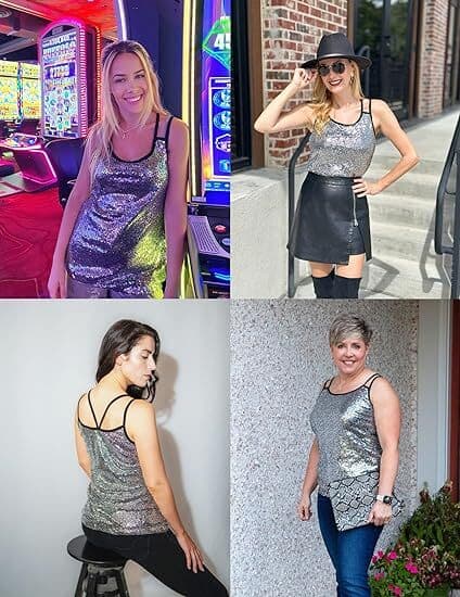 Ermeløs glitrende skimrende camisole-vest for kvinner, sølv silver M