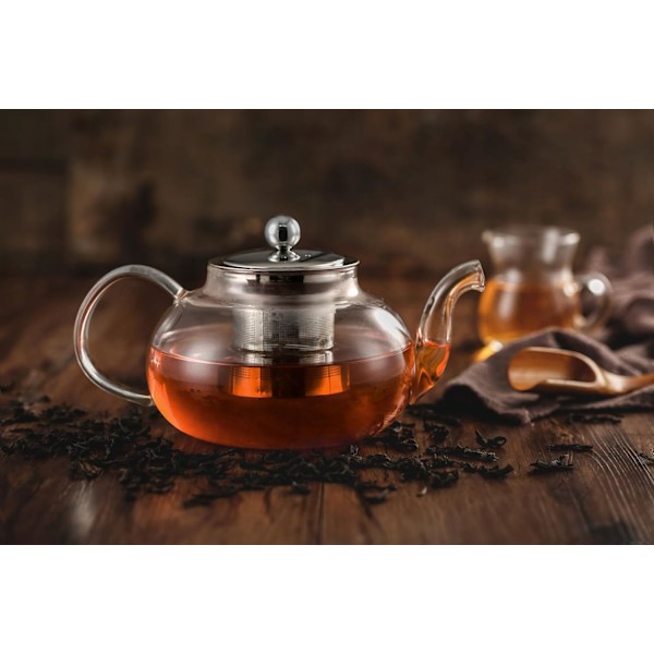 Glas tekande med aftageligt låg og infuser i rustfrit stål