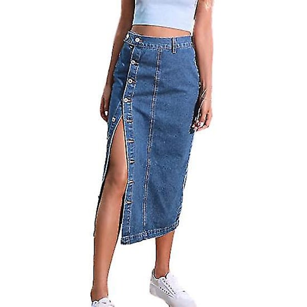 Dam Casual Hög Midja Enfärgad Knäppt Denim Jeanskjol Blå M Blue