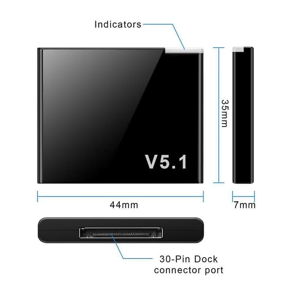 Oppgradert versjon I-WAVE 30-pinners Bluetooth 5.1 lydmottaker A2DP musikk mini trådløs adapter