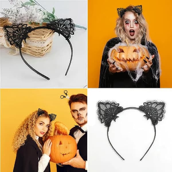 Halloween blondekattørehodebånd, damestil - Svart kattørehodebånd, egnet for kostymefester...