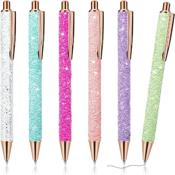 6 st Bling Glittrande Metallpennor, Infällbara Kulspetspennor Söt Glitter 1,0 mm Svart Bläck Fin Spets Present Skrivande Journalföring Student