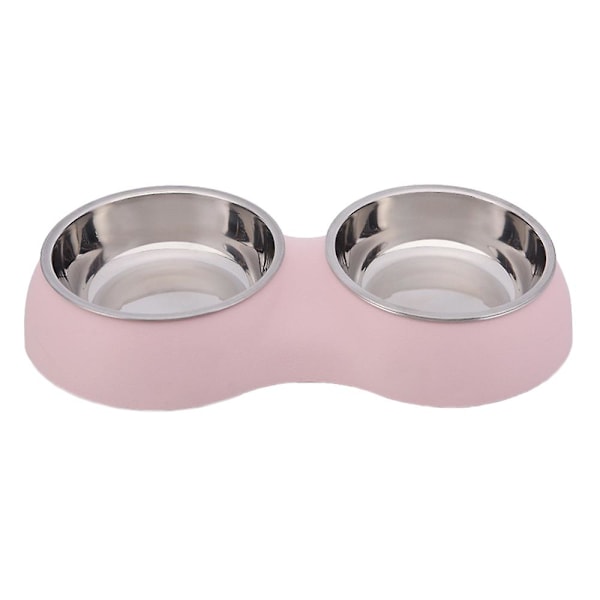 Dobbelt skål i rustfrit stål til hunde, mad- og vandskåle med hævet stativ (pink)