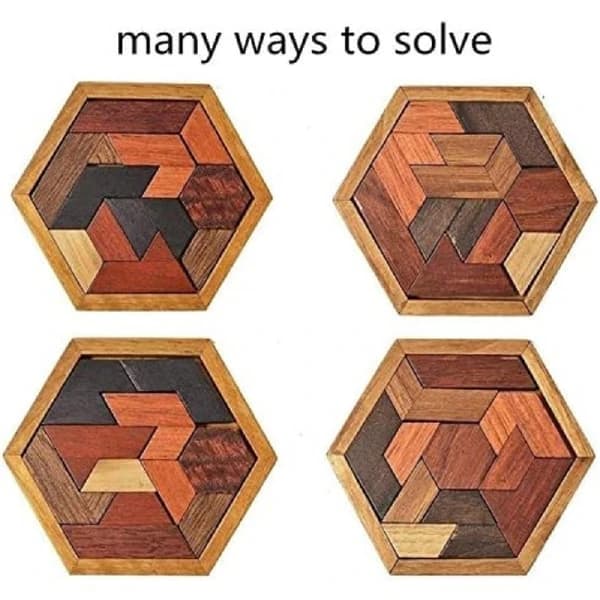 Hexagon Tangram Träpussel för vuxna och barn - Hjärnträning [JSR]