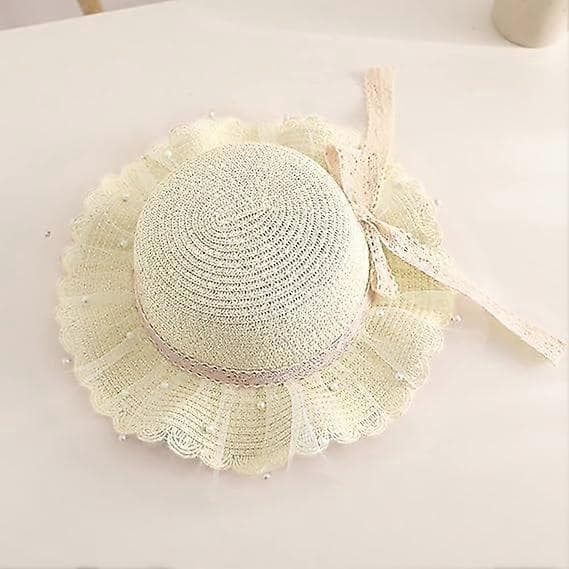 Sommarhatt för flickor, solskydd, visir, vikbar, bred brätte, rosett, strandhatt för 2-8 år White