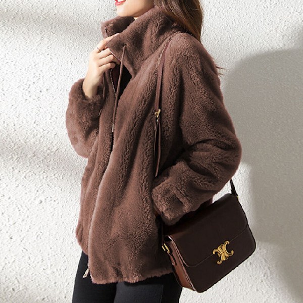 Dame Fleece Fluffy Teddy Bear Frakke Ensfarvet Lommejakke Overtøj Brun M Brun
