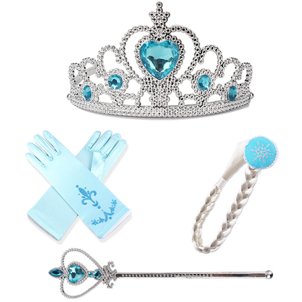 4-pak Elsa og Anna prinsessesæt: Fletning, tiara, tryllestav og et par handsker sky blue