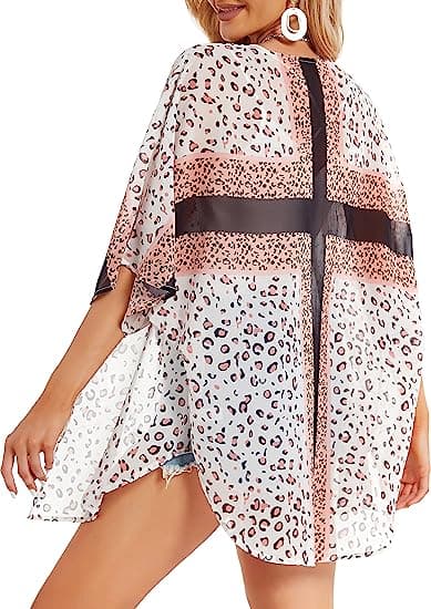 Kimono-kofta för kvinnor med blommigt tryck och puffärmar, leopardmönster Leopard print S