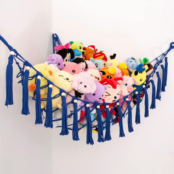 Sininen käsintehty riippuva pehmoleluhammock, suuri sininen pitsihammock, kulma