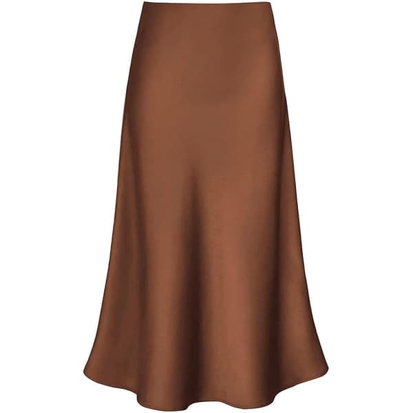 Lång satinkjol för kvinnor, elegant, hög midja, utsvängd A-linje, midikjol, kaffe coffee 2XL