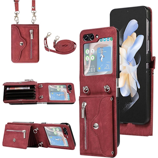 Pung Etui til Samsung Galaxy Z Flip 6 med skulderrem, kortlommer, stativ og læderetui red