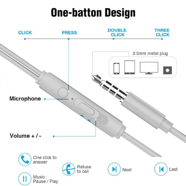 In-ear hovedtelefoner - kablede hovedtelefoner med mikrofon og bas, hvid
