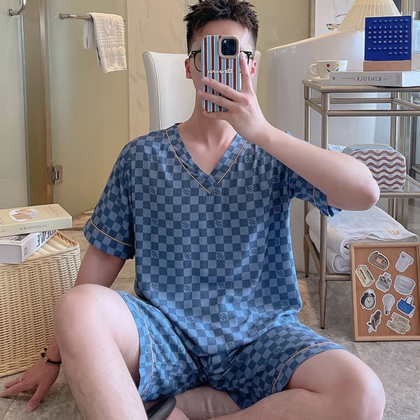 Herr kort pyjamas set Man Sommar Tunna Bomullsshorts Tryck Casual Hemmakläder V-ringning XL