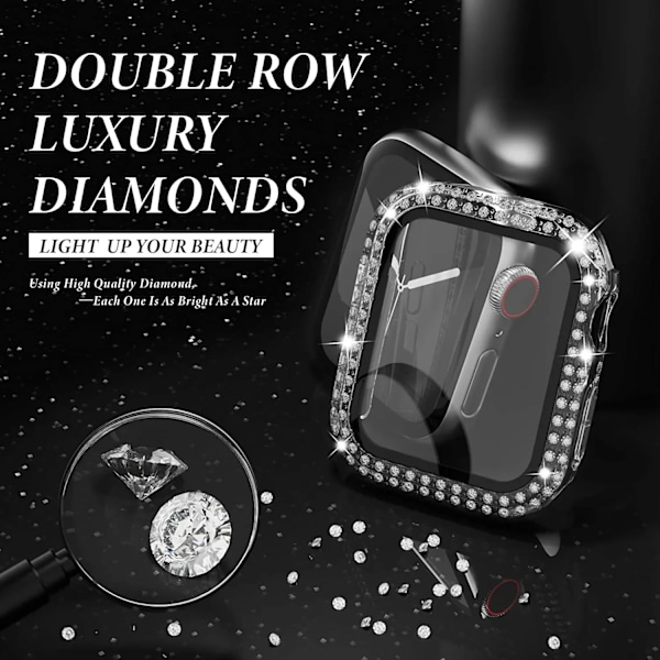 Glass+Diamond Deksel for Apple Watch etui 40mm 44mm 41mm 45mm 38mm 42mm Bling Bumper Beskytter iWatch serie 9 3 5 6 7 8 se etui svart Y black 40mm series 654 SE