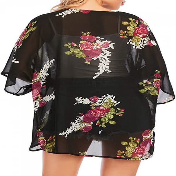 Blomstret Kimono Cardigan til Kvinder, Løs Bluse Top --- Sorte Blomster (Størrelse S)