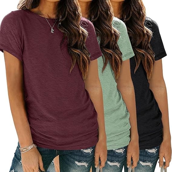 Dam 3-pack T-shirts Basic Kortärmade Tröjor Rund Hals Mode Toppar Lös Passform Lättvikt Casual Sommarkläder 2024