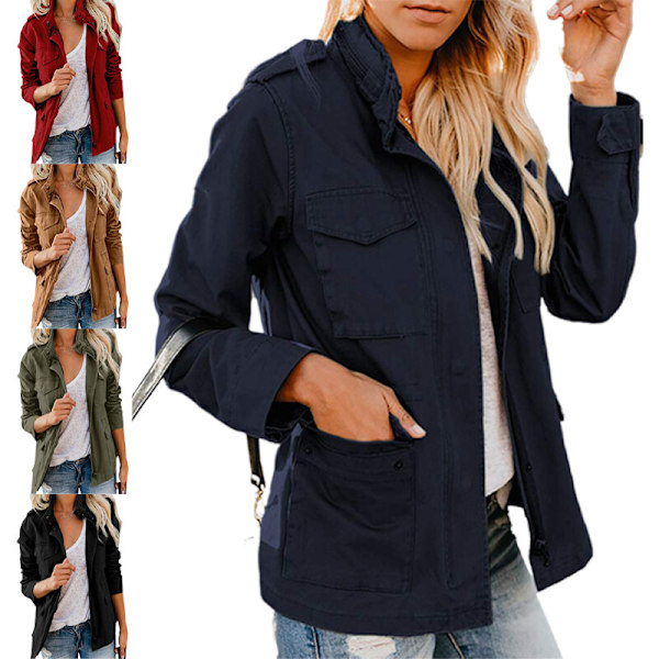 Damefrakke med lommer, trykknapper, militærjakke Y Sort 4XL Black