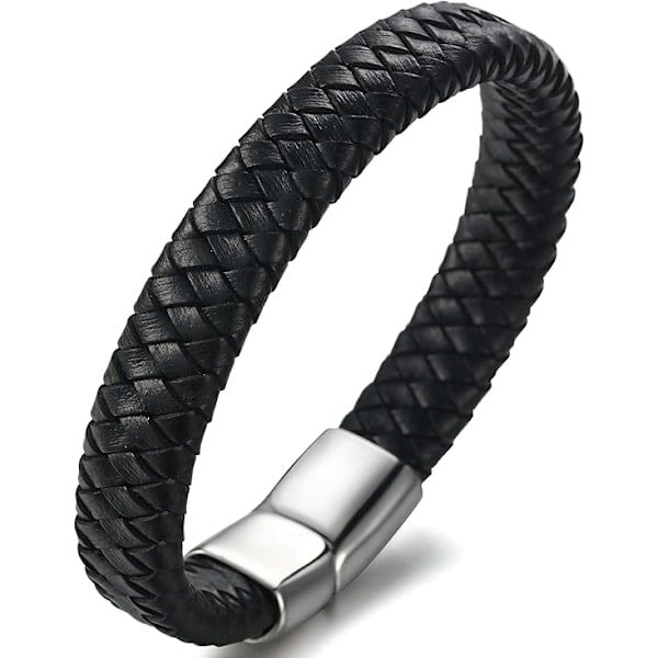 Flettet læderarmbånd mænds armbånd trendy uden stålspænde. 1 stk, sort