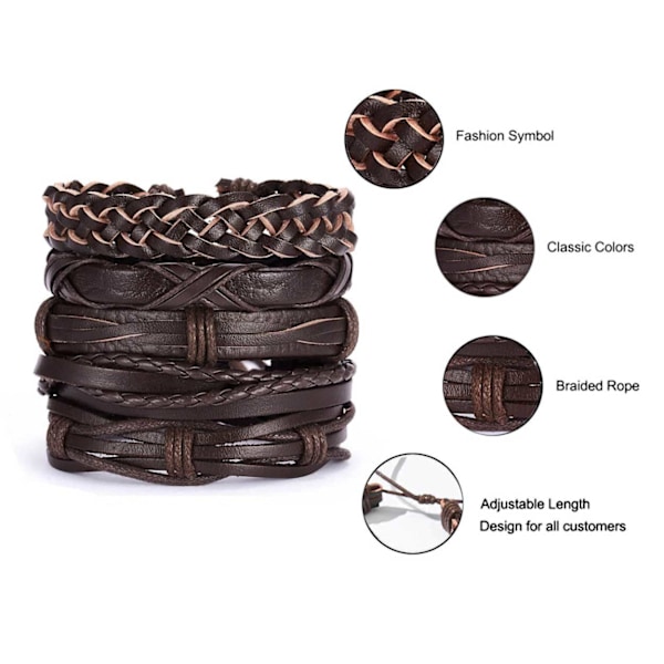 5-pak Håndlavede Læderarmbånd Herrearmbånd Brun brun brown