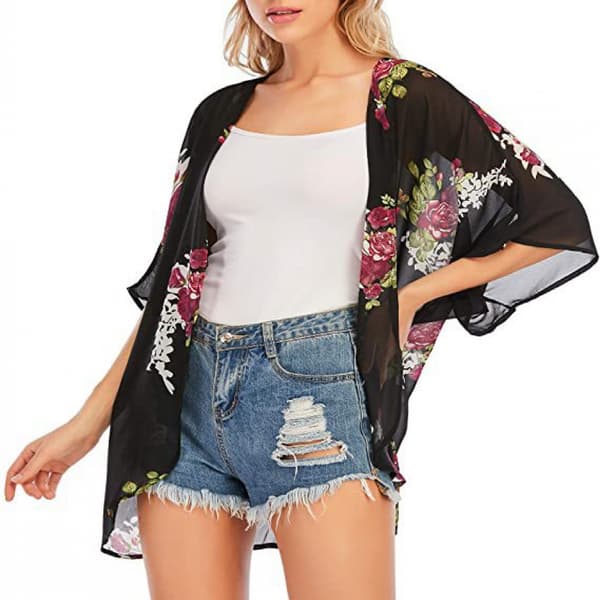 Kimono-kofta med blommor för kvinnor, lös blustopp --- Svarta blommor (storlek S)