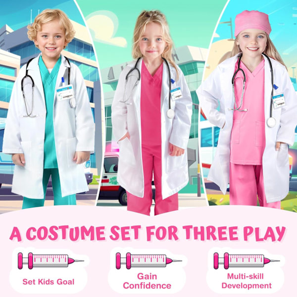 Lægeudklædning til børn - Scrub, Stetoskop, Kitel - Halloweenkostume, Erhvervsdags-kostume til piger 3-12 år 3-4 T 3-4 T Rose