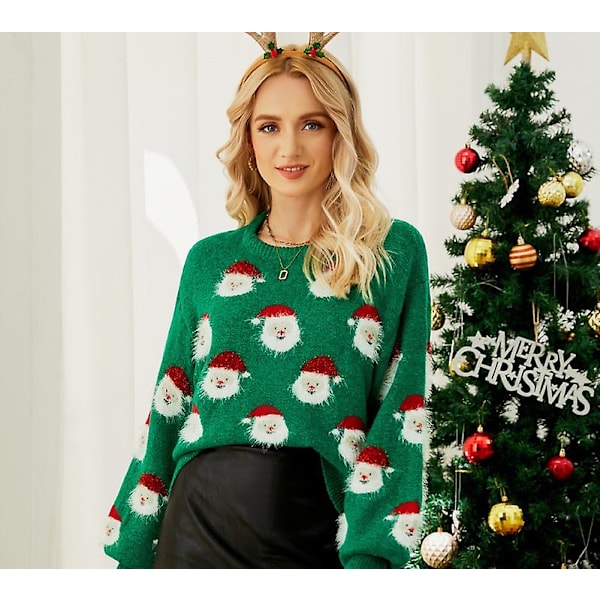 Julegenser for kvinner - Morsom og søt med juletre, snøfnugg, reinsdyr, julenissen, strikket genser, topp GREEN XL