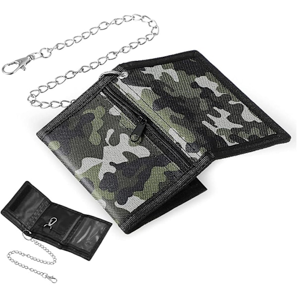 Pung med Kæde, Camouflage Børnepung, Foldbar Slank Trippelpung til Drenge, Trippelpung med Møntrum & Kortlomme