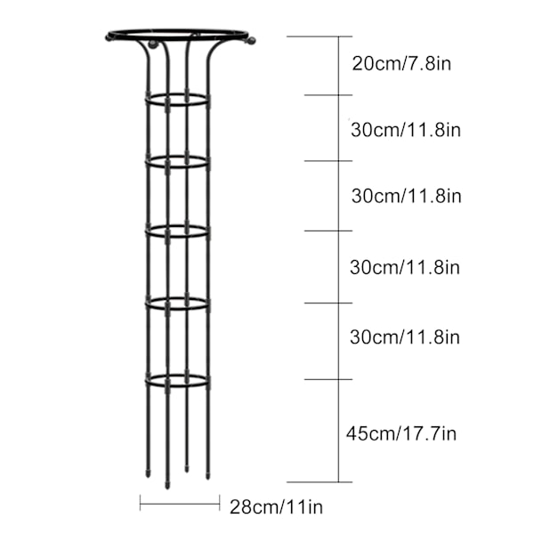 Enkel cirkelformad spaljé för växter - svart, höjd 185 cm, cirkeldiameter 28 cm