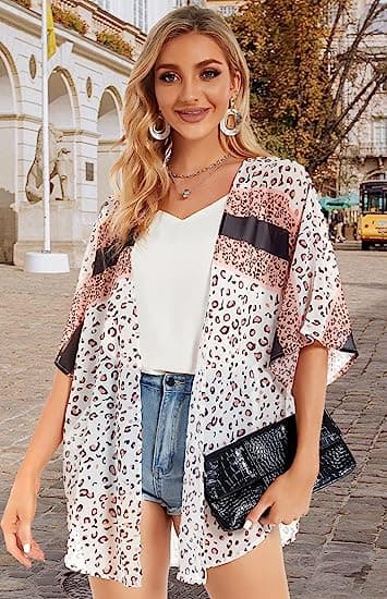 Kimono-kofta för kvinnor med blommigt tryck och puffärmar, leopardmönster Leopard print M