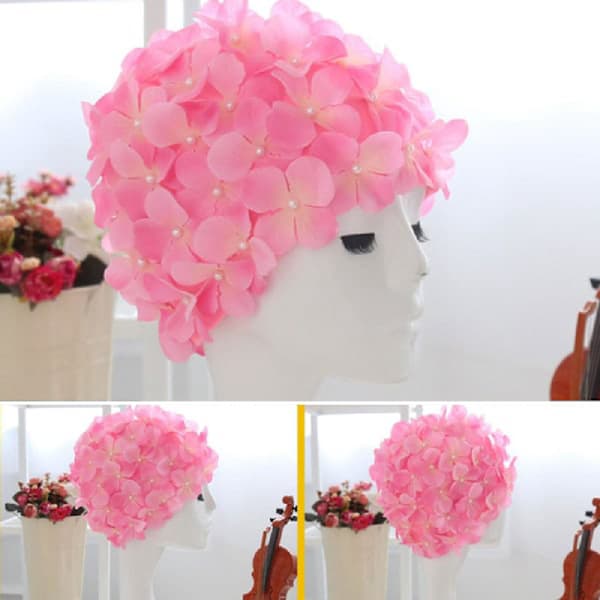 Badehette for kvinner med kronblader retro 3D blomsterbadehette dameblomsterbadehette pink