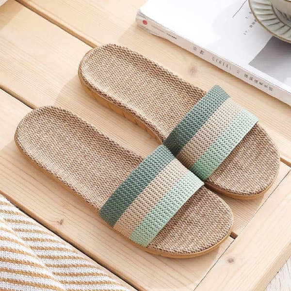 Dame åbne tå hjemmesko sommer linned regnbue bred pasform sandaler linned slip-on hus bambus hjemmesko sko 6.5