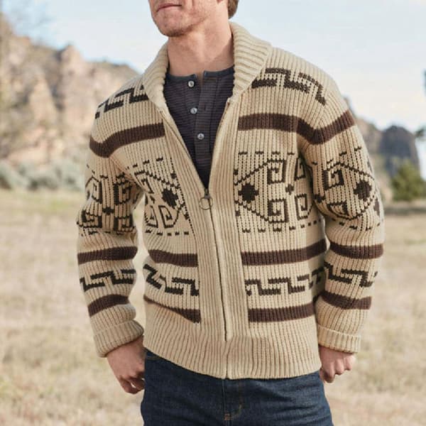 Khakifärgad cardigan med dragkedja för män, jacquardstickad tröja, varma höst-/vinterkläder S