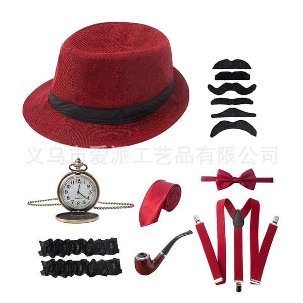 Coolt 1920'er sæt til mænd med hat, lommeur, seler og slips Flat Cap — Black Grey